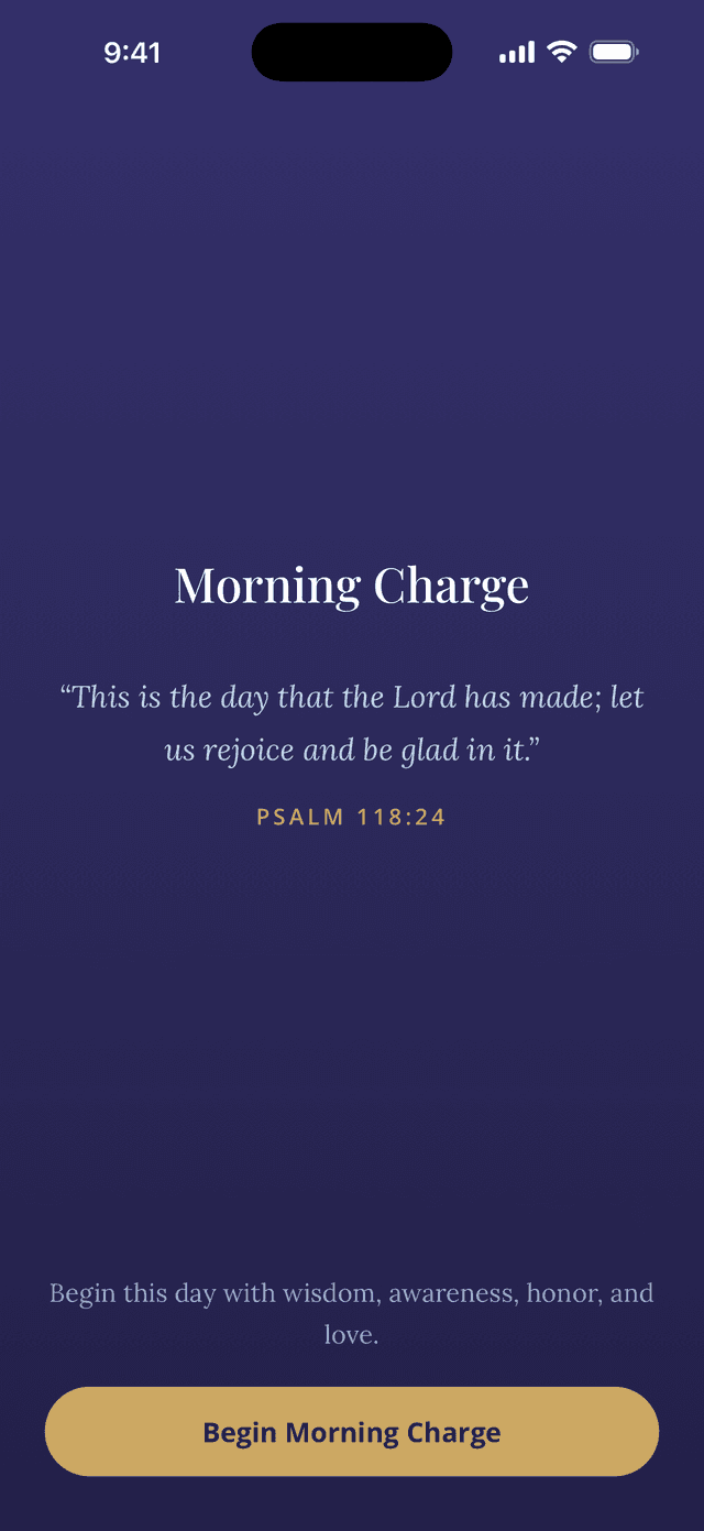 The Morning Charge scripture screen in Your Daily Sacred Charge