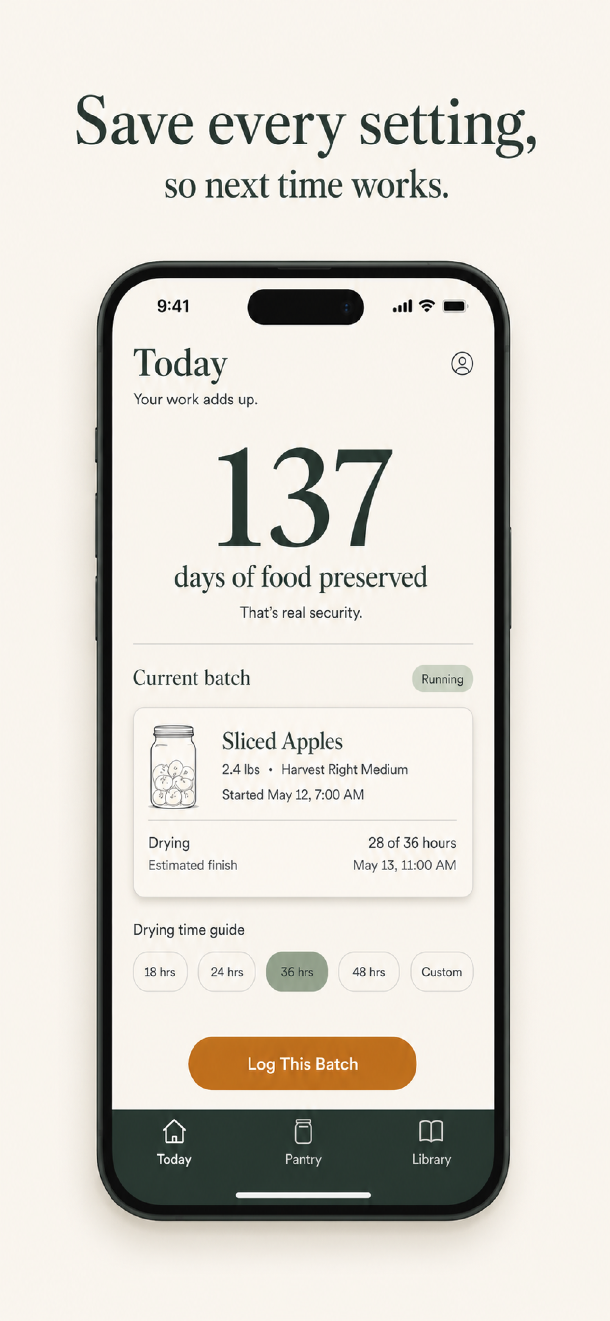Freeze Dry Buddy home screen for tracking an active batch