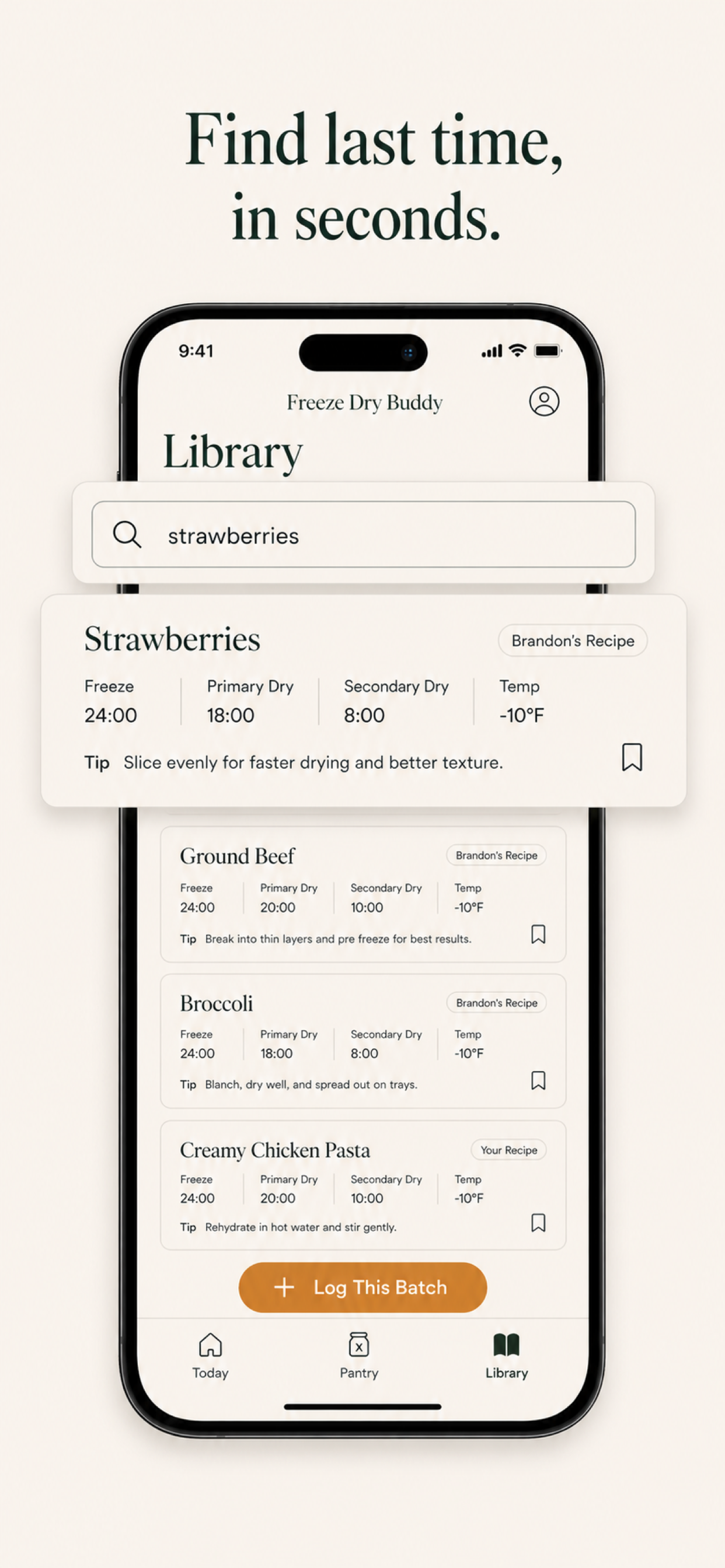 Freeze Dry Buddy library with saved food settings